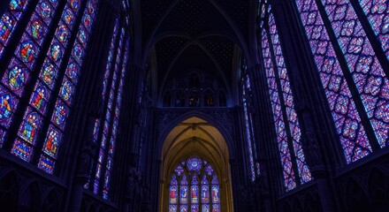 Vibrant light streams through intricate stained glass windows inside a historical church interior