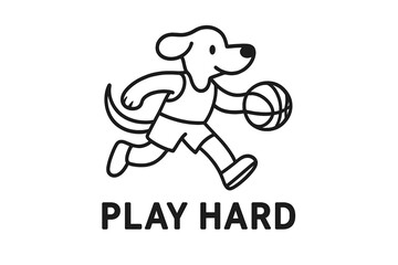 Cartoon dog playing basketball with enthusiasm in a simple black and white design aimed at promoting active lifestyles