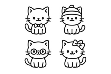 Cute cartoon cats in various attire enjoying a playful day indoors with accessories and cheerful expressions