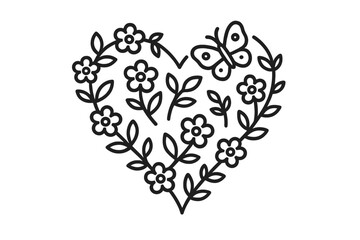 Heart shape design featuring flowers and a butterfly, ideal for spring decorations or romantic themes