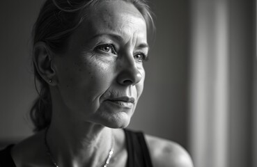 Fototapeta premium Mature woman with cancer undergoing treatment shows resilience, hope. Her portrait captures moment of contemplation, reflecting strength, ongoing journey of recovery from illness, chemotherapy.