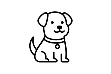 Cute cartoon dog sitting happily while wearing a collar with a tag in a simplistic black and white design