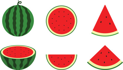 Flat Vector Illustration of Whole and Sliced Watermelon Icons for Summer Food Design and Healthy Eating Concepts