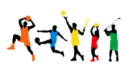 Fototapeta premium Colorful silhouettes of athletes playing various sports: basketball, soccer, tennis, golf, and volleyball.