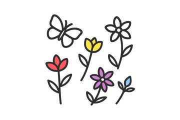 Colorful flowers and butterfly illustration in a playful design suitable for various decor and craft projects