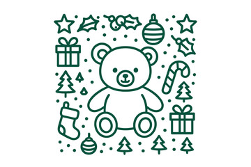 Christmas-themed coloring design featuring a teddy bear surrounded by festive elements and decorations