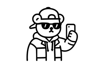 Fototapeta premium Cool bear taking a selfie in a stylish outfit with sunglasses and a cap