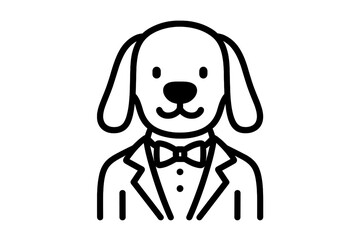 Dog wearing a tuxedo with a bow tie stands proudly, showcasing a charming and elegant appearance suitable for special occasions