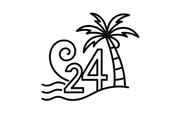 Tropical design featuring a palm tree and wave with the number 24 in a beach setting