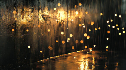 Fototapeta premium Rain falls on a shiny street reflecting warm lights creating a bokeh effect