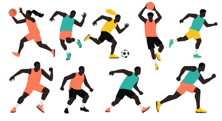 Collection of stylized illustrations depicting various athletic movements of African men.
