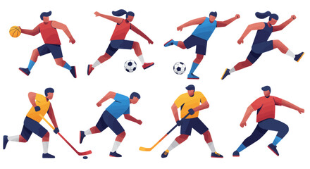 Illustration of diverse athletes playing basketball, soccer, hockey, and running, showcasing various sports activities.