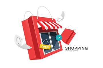 Store or shop with red shopping bag shape and pop-up order confirmation icon in front and open sign hanging at the entrance, Vector 3d isolated for online shopping promotion advertising design