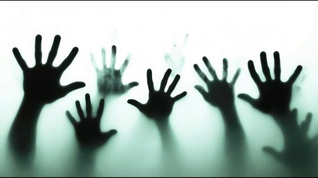 Silhouette zombie hand reaching out from the ground on dark scene background, horizontally slow motion smoke or fog effect for graveyard night view spooky, Halloween party decoration horror