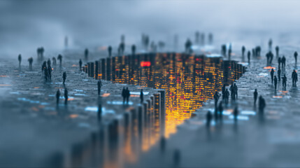 Obraz premium Digital Divide: A surreal scene, where miniature figures stand poised around a deep abyss, perhaps representing the digital divide or the unknown, suggesting the potential challenges of technology. 