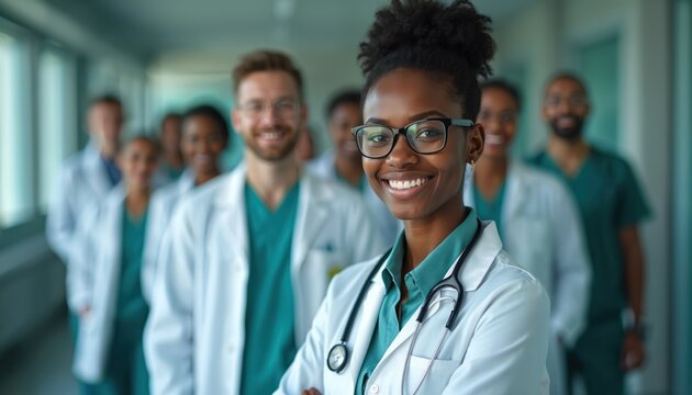 Diverse medical team, including smiling Black female doctor in front, poses in hospital hallway. Colleagues in scrubs, lab coats stand behind. Image represents teamwork, healthcare, medical