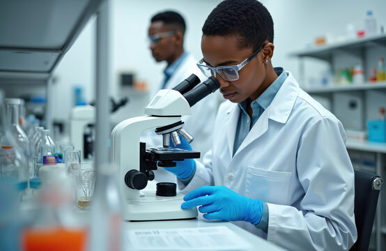 Black female pharmaceutical student uses microscope in research laboratory. Focused woman in lab coat, blue gloves conducts scientific experiment. Examining sample with advanced equipment. Pursuing