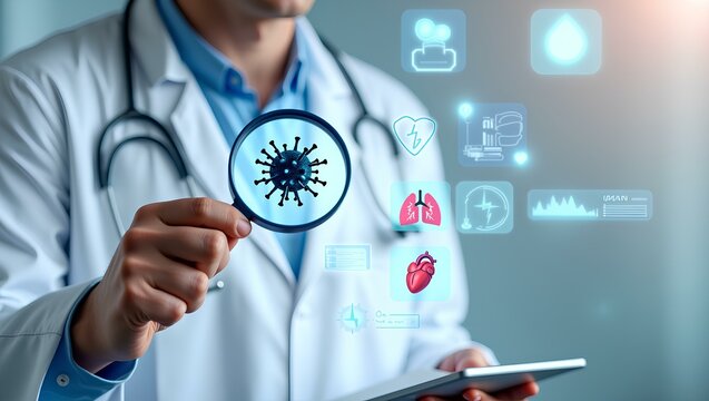 A healthcare professional in a white lab coat, with a magnifying glass with a digital graphic of a virus inside