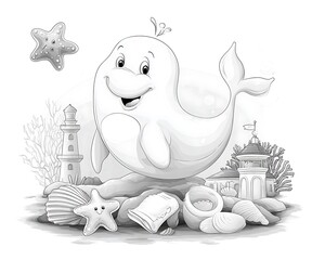 Happy whale on rocks by ocean, surrounded by seashells, starfish, lighthouse, and a small building