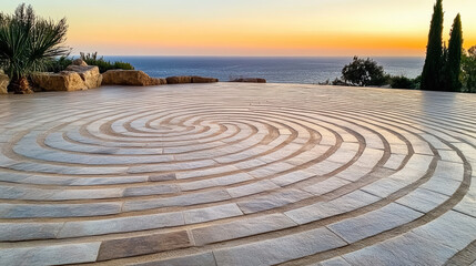 Serene labyrinth path with ocean view at sunset, creating peaceful atmosphere