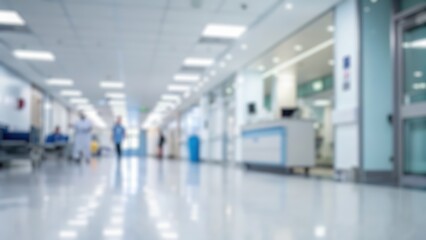 Obraz premium Blurred hospital corridor with bright lighting and healthcare professionals walking.