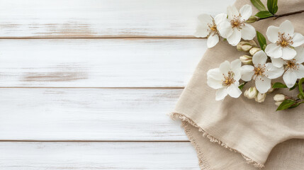 Fresh blossoms on linen cloth create serene spring flat lay, evoking tranquility and beauty