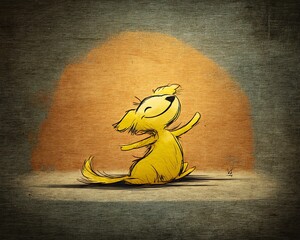 Happy yellow dog joyfully dances under warm light, textured background