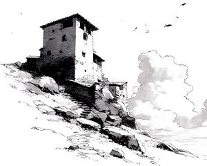 Hillside dwelling, stone steps, cloudy sky.  Ink sketch