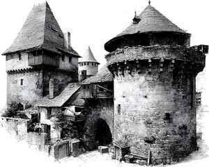 Historic grayscale image of a medieval fortified gateway with stone towers, arched entry, and adjacent buildings