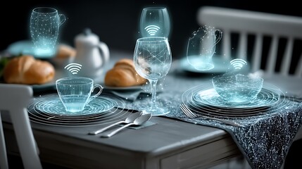 Holographic display of tableware on a table
