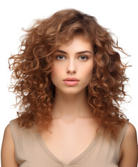 A young woman with curly red hair is posing with a neutral expression, isolated on transparent background