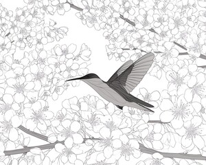 Hummingbird in flight amidst delicate, blossoming branches.  Detailed line art illustration