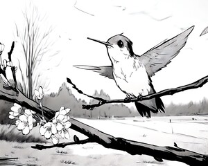 Hummingbird perched on branch, wings outstretched, near blooming flowers. Serene landscape background