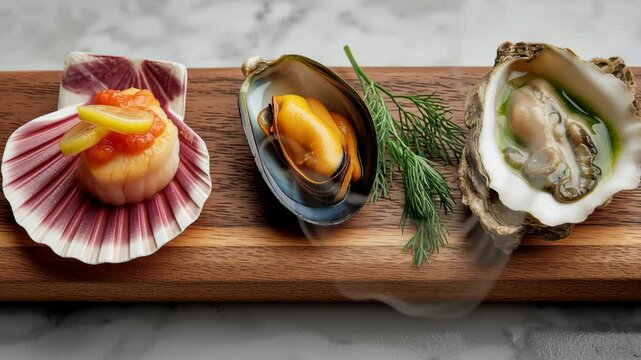 Three different types of seafood are displayed on a wooden board. The first is a scallop, the second is a mussel, and the third is a shrimp. The presentation is elegant and appetizing