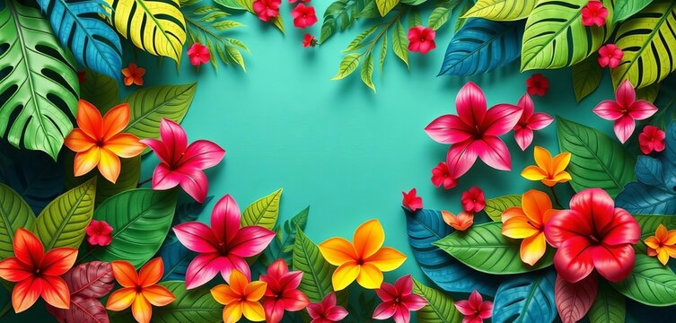 Vibrant tropical leaves and flowers in layered paper cut style, creating a summery banner,  beach,  yellow - Powered by Adobe