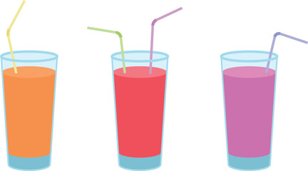 Flat Vector Illustration of Colorful Juice Glass Collection with Straws for Fresh Beverage and Cafe Menu Design