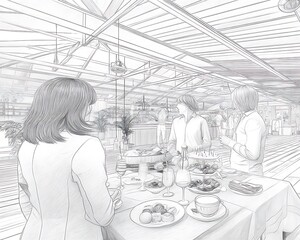 Interior sketch of a large open-plan dining area with people