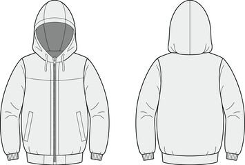 Flat Vector CAD Drawing Front Back Technical Hoodie With Hood Drawstring Zipper Pockets Rib Hem Sleeve Cuff Design Illustration