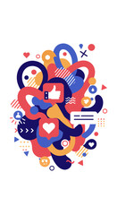 Abstract social media engagement; vibrant shapes, icons, and symbols represent likes, hearts, and comments.