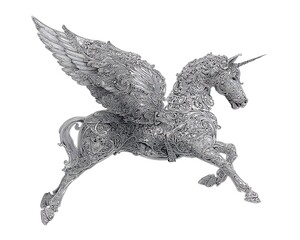 Intricate silver winged unicorn sculpture, detailed design, elegant pose