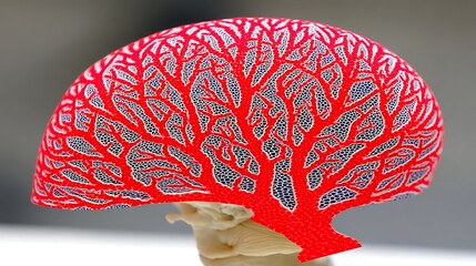 Intricate red and gray design resembling a brain, crafted with a detailed, branching pattern