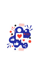 Abstract illustration of social media icons, including likes, shares, and hearts, on a white background.