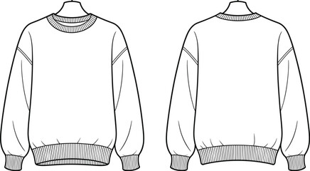 Flat Vector CAD Drawing Crewneck Sweatshirt With Ribbed Hem Cuffs Collar Front And Back Technical Fashion Template Illustration Design