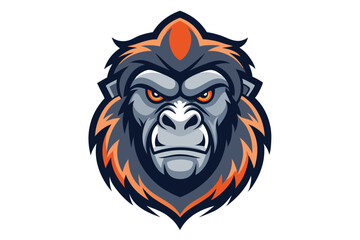 Front view of an aggressive gorilla head shows orange and grey stylized features