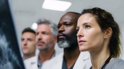 A team of healthcare professionals discussing a medical x ray image on a monitor