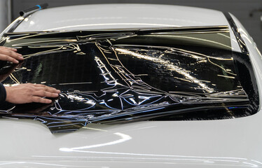 Applying tinting foil on a car window in the tuning studio. Male car service worker glue window...