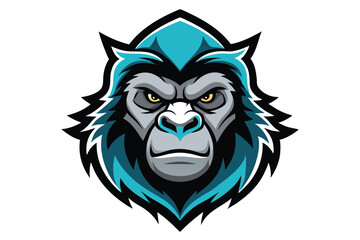 Fototapeta premium Fierce gorilla head gazes intensely with its gray fur and teal mane