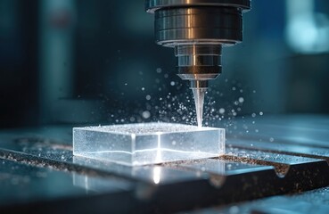 Precision manufacturing utilizes CNC milling machine cutting clear acrylic block. Coolant spray creates splatter effect during automated industrial production. High-tech engineering process with