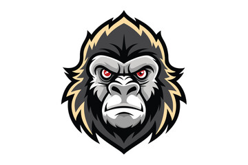 Fierce gorilla head showcases detailed black, gray, and beige fur with intense red eyes