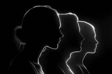 Silhouette of people's faces in profile in black and white tones with white outline